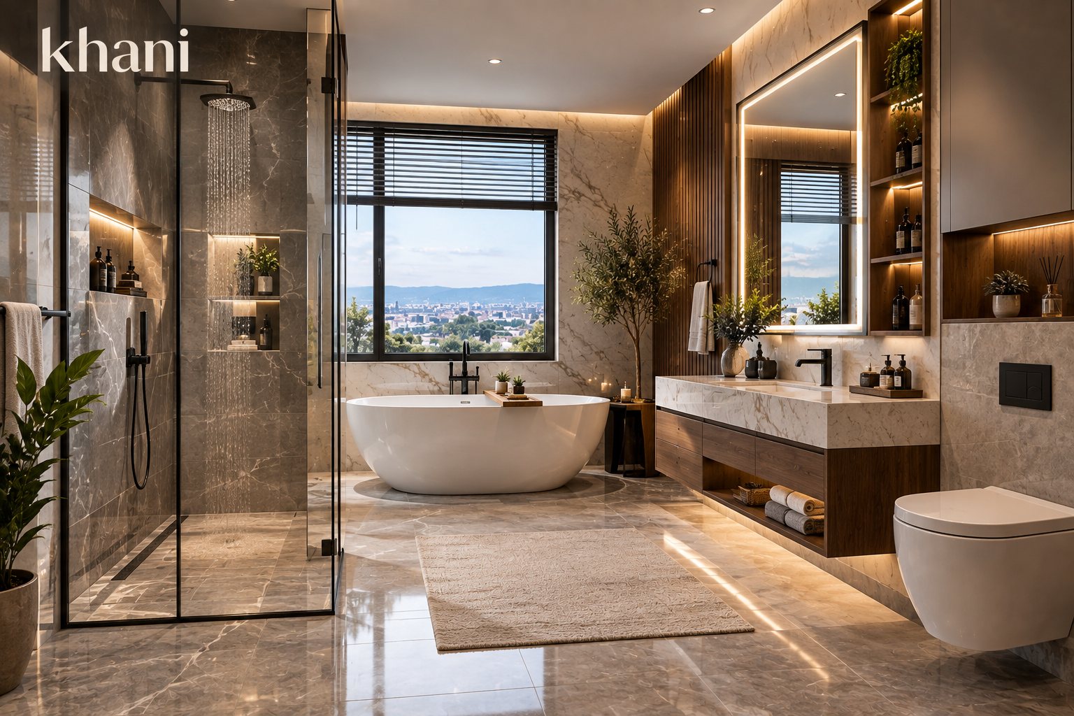 Khani spa-style bathroom with freestanding tub, marble tile and floating wood vanity