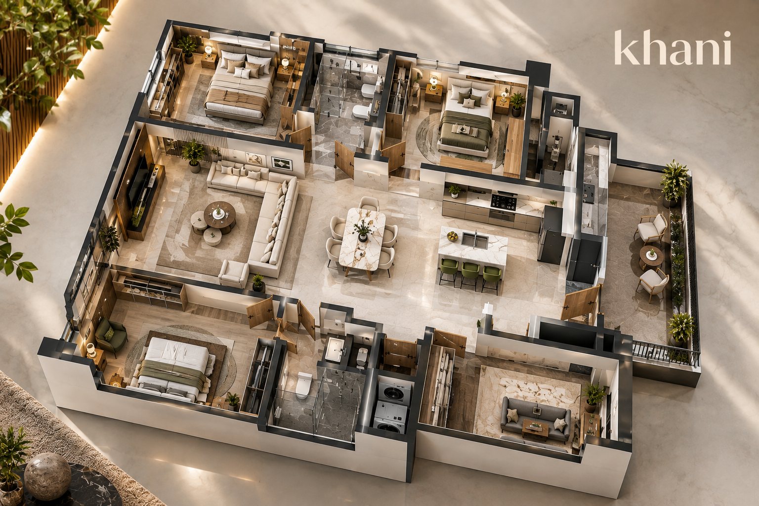 3D floor plan of a full Khani-furnished home showing bedrooms, kitchen, living and dining areas