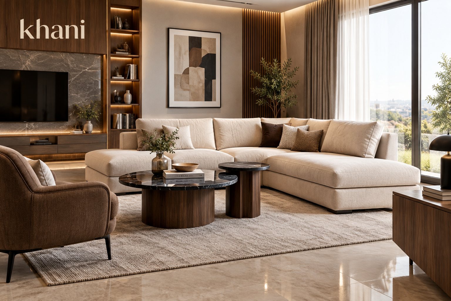 Khani-branded living room with custom cabinetry, sectional sofa and marble coffee tables